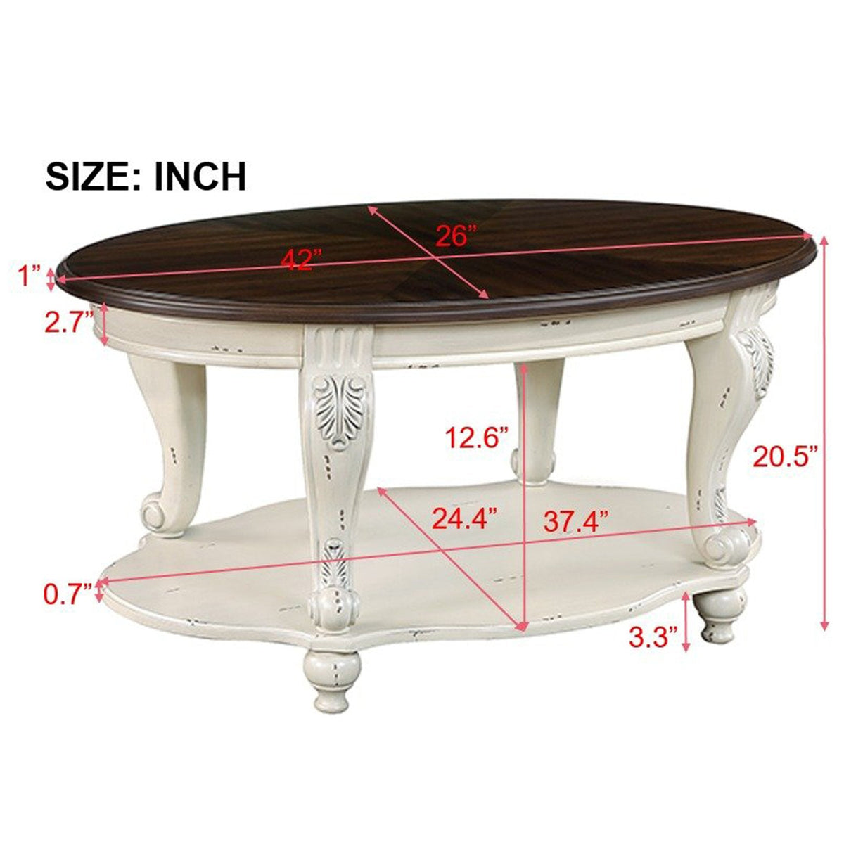 42 Inch Oval Wood Coffee Table with Open Storage Shelf