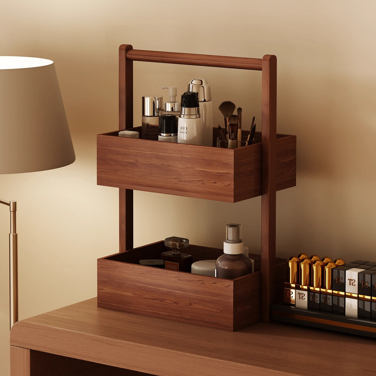 Rubber Wood Cosmetic Storage Box, Two-Tier Desk Caddy