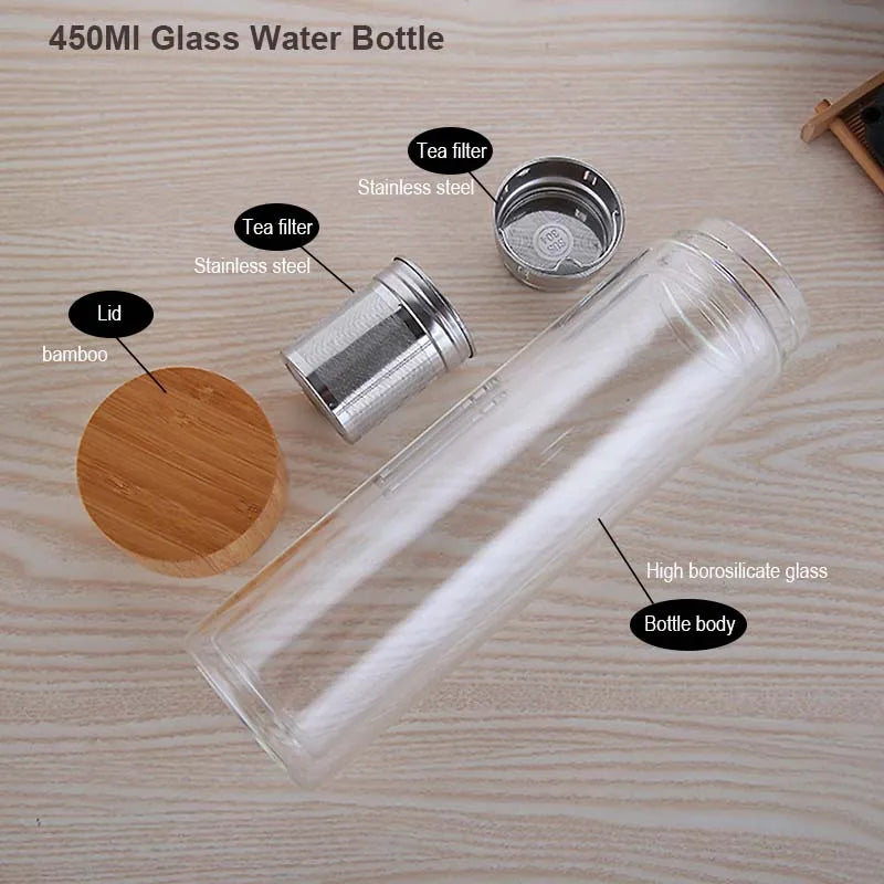 Glass Water Bottle with Tea Infuser 450ml Double Wall