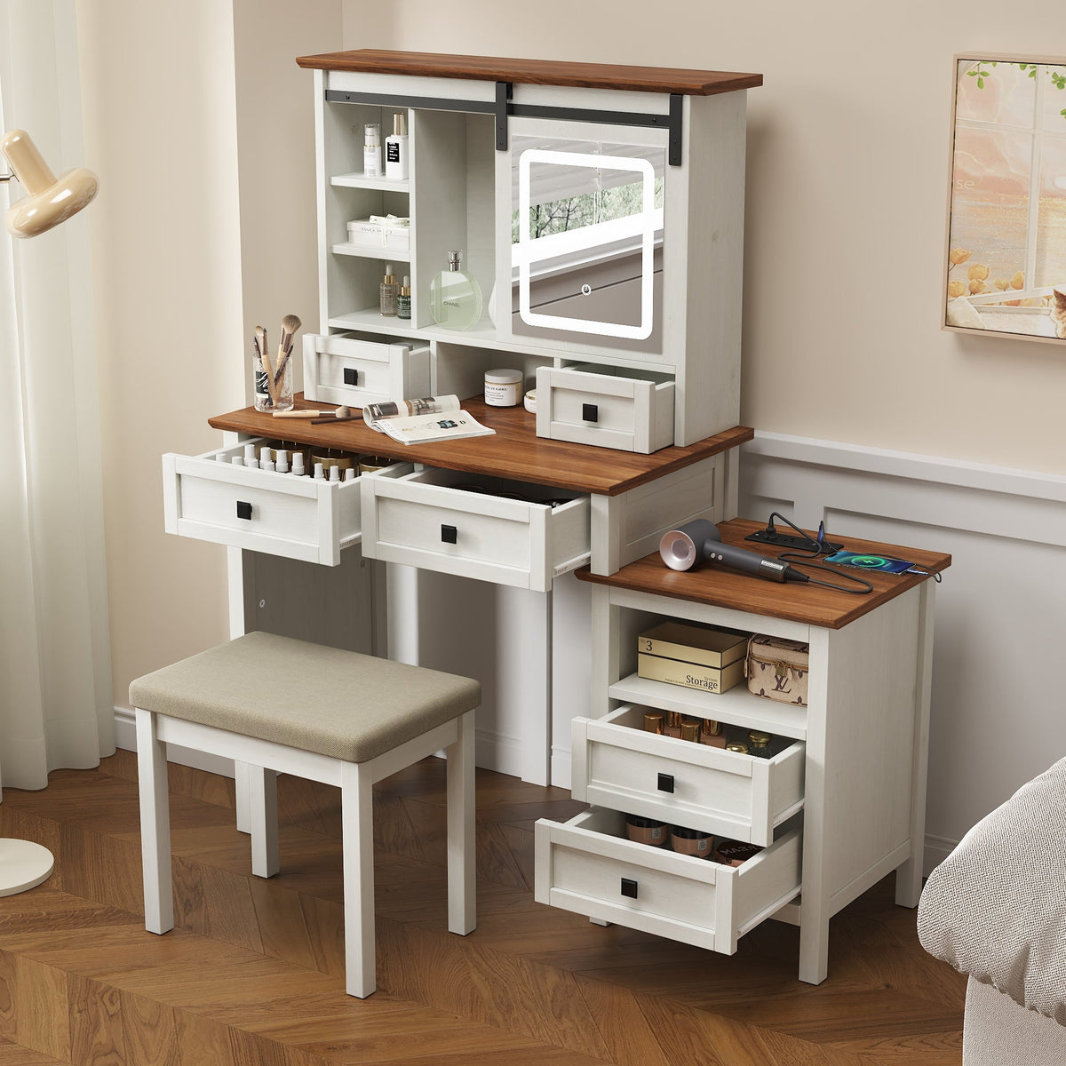 Farmhouse Dressing Table with Lighted Mirror and Charging