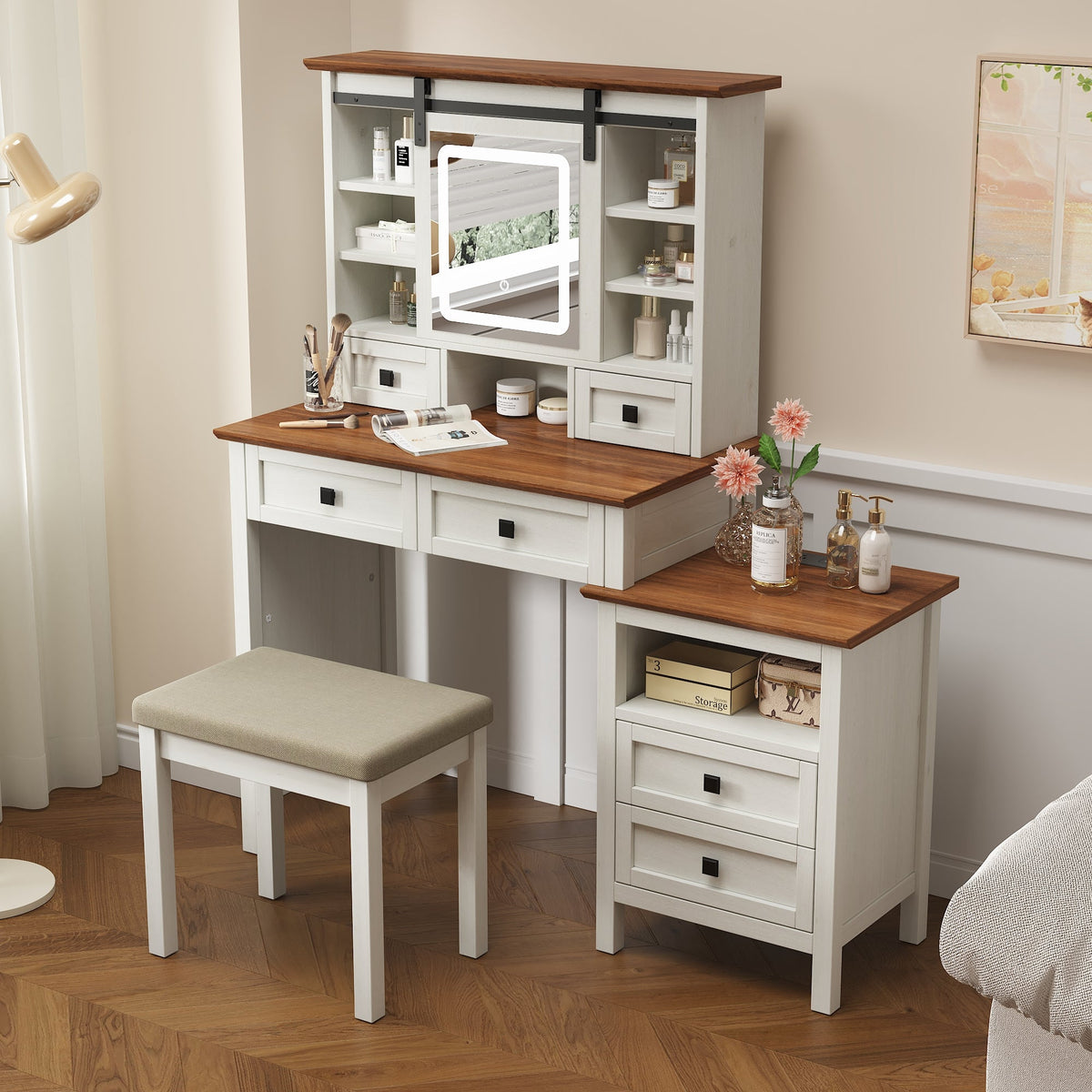 Farmhouse Dressing Table with Lighted Mirror and Charging