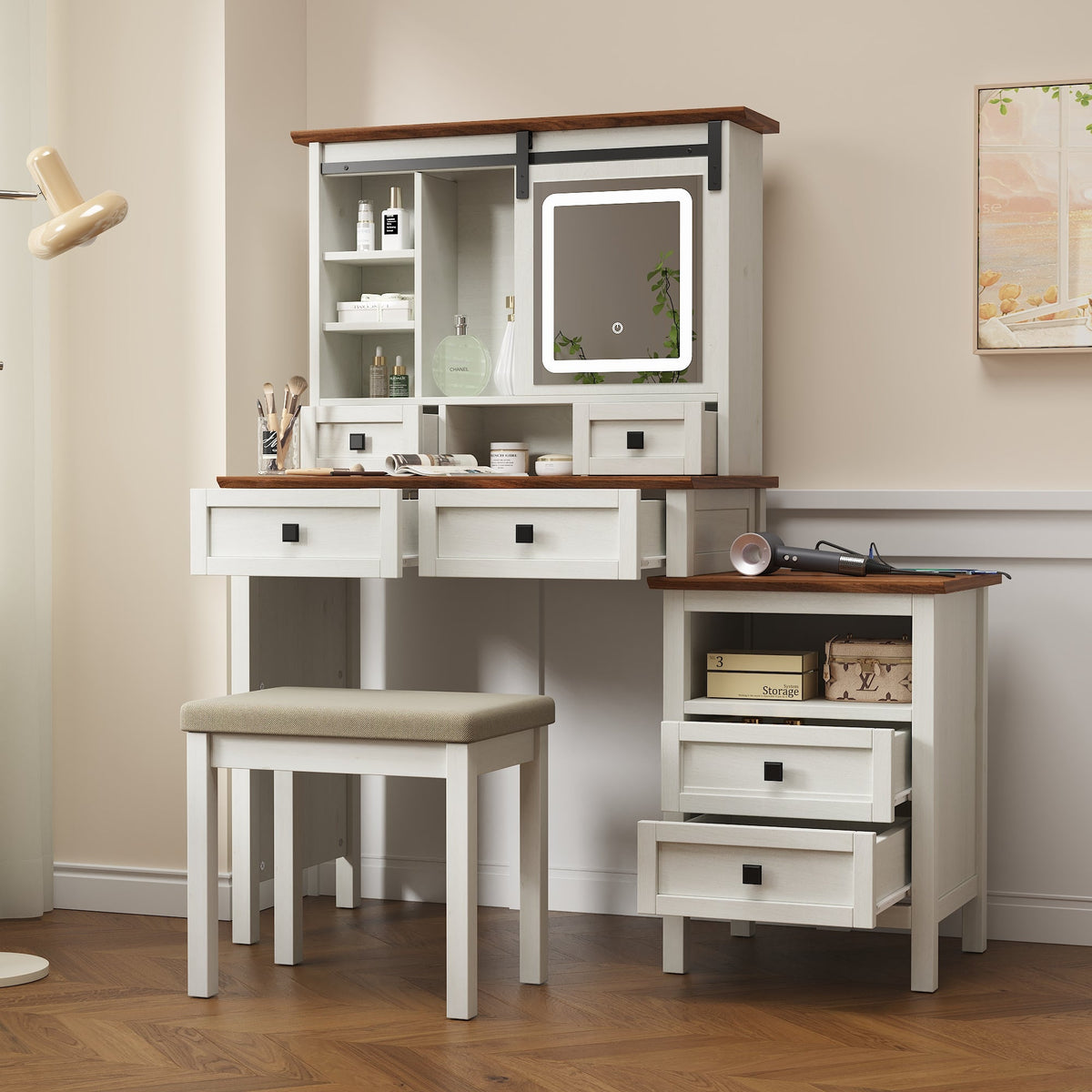 Farmhouse Dressing Table with Lighted Mirror and Charging