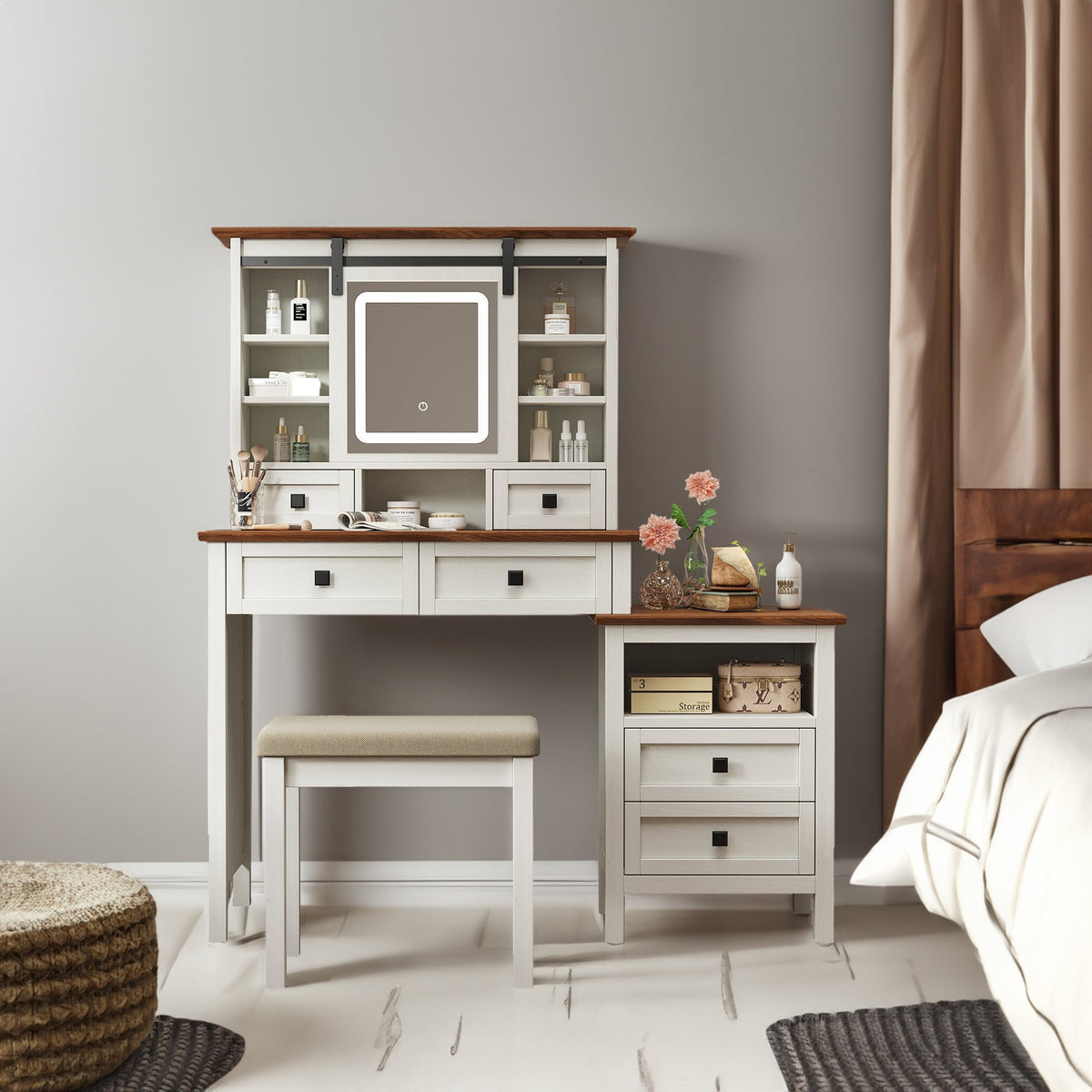 Farmhouse Dressing Table with Lighted Mirror and Charging