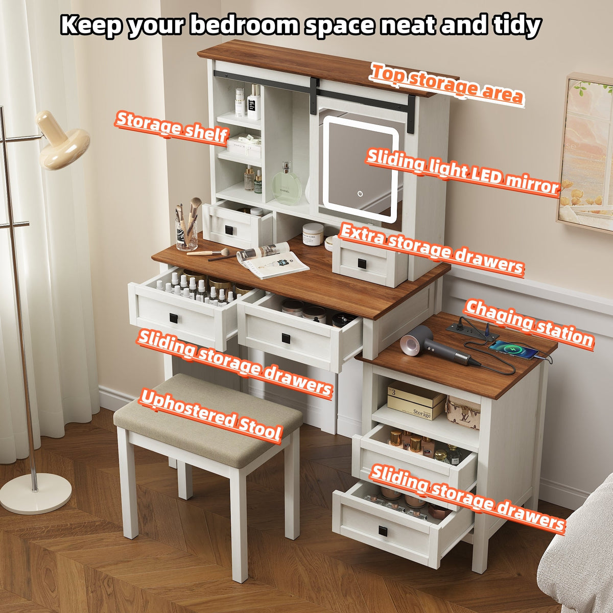 Farmhouse Dressing Table with Lighted Mirror and Charging