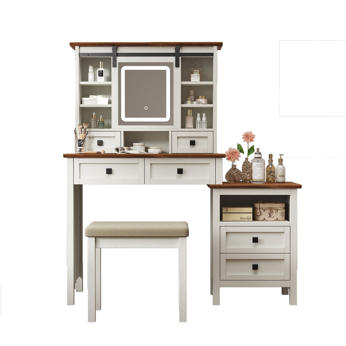 Farmhouse Dressing Table with Lighted Mirror and Charging