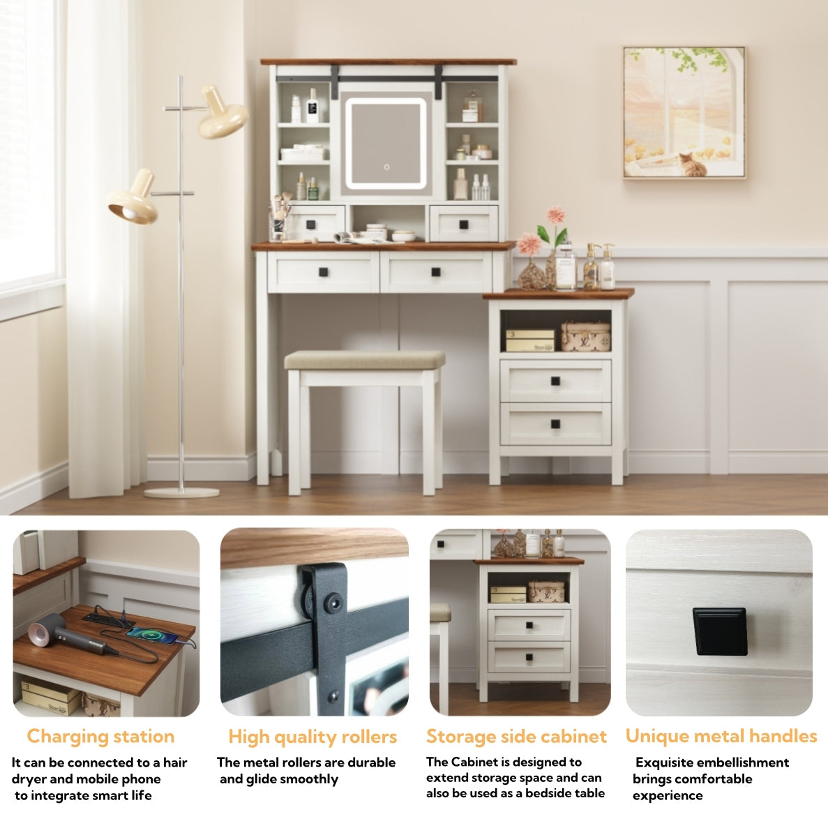 Farmhouse Dressing Table with Lighted Mirror and Charging