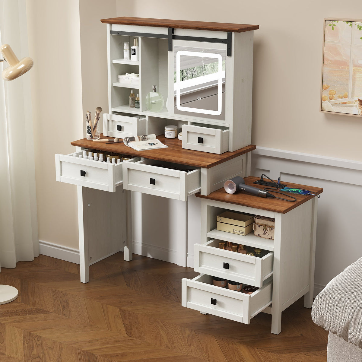 Farmhouse Dressing Table with Lighted Mirror and Charging