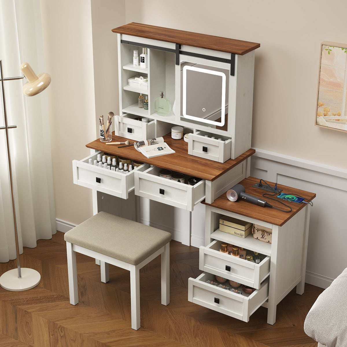 Farmhouse Dressing Table with Lighted Mirror and Charging