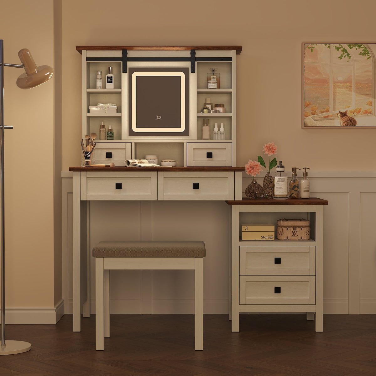 Farmhouse Dressing Table with Lighted Mirror and Charging