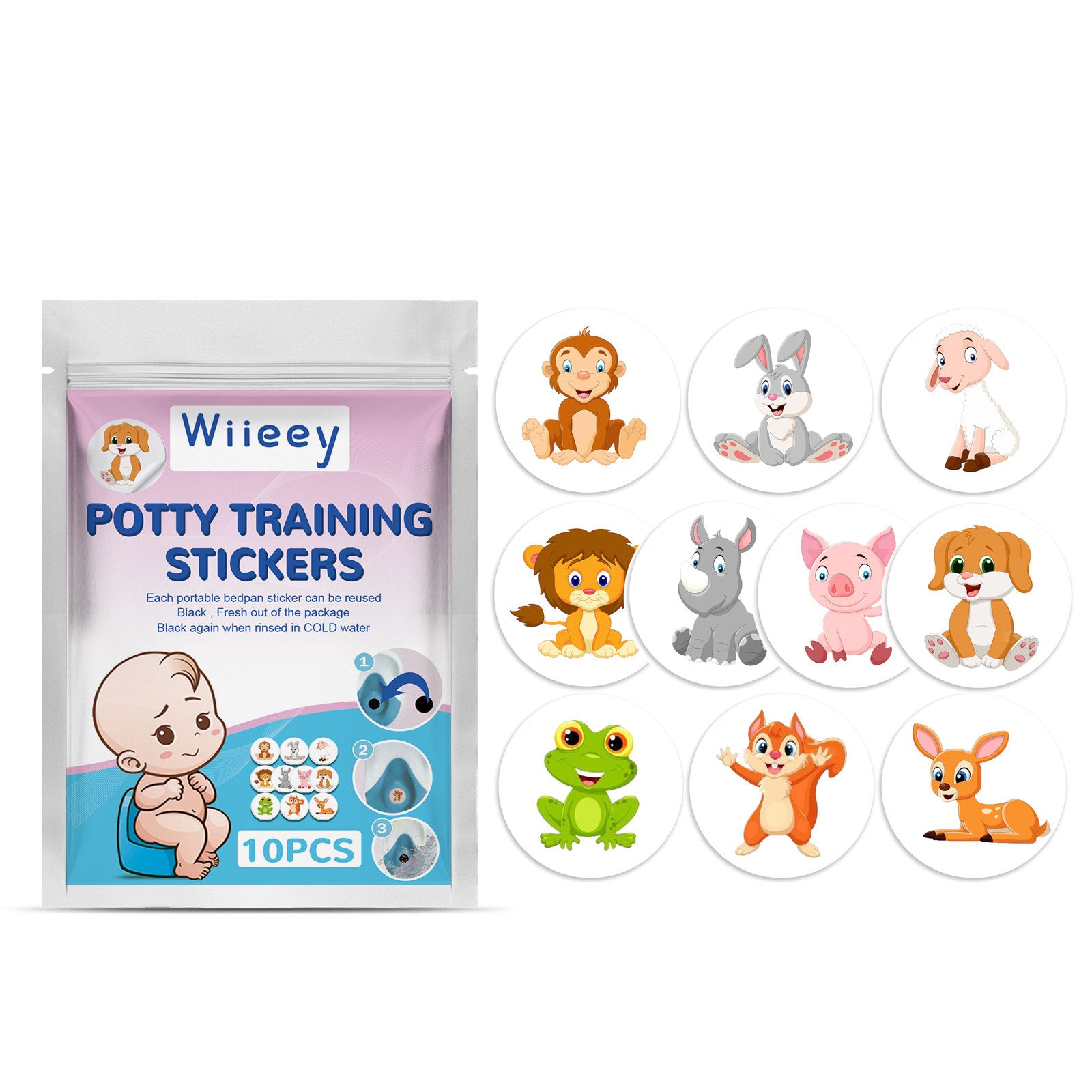 Wiieey Potty Training Stickers package with 10 adorable cartoon animal stickers displayed