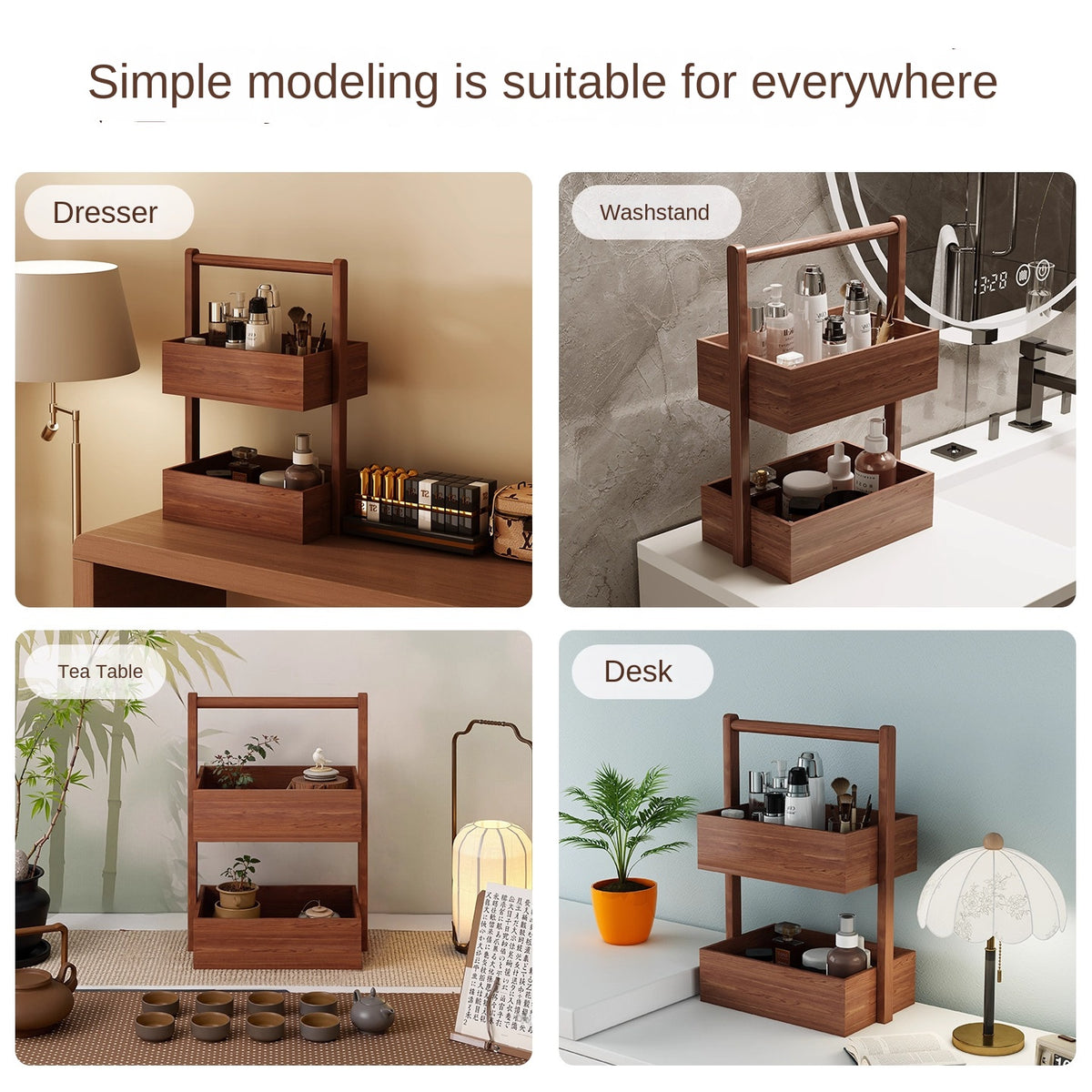 Rubber Wood Cosmetic Storage Box, Two-Tier Desk Caddy