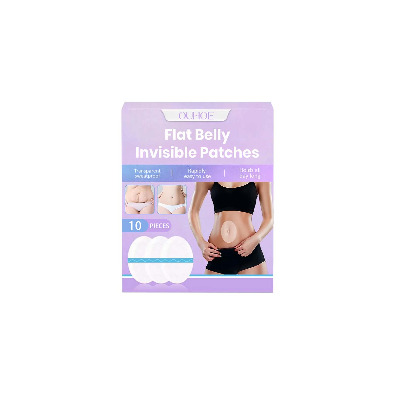 OUHOE Flat Belly Invisible Patches packaging with before/after results and product display