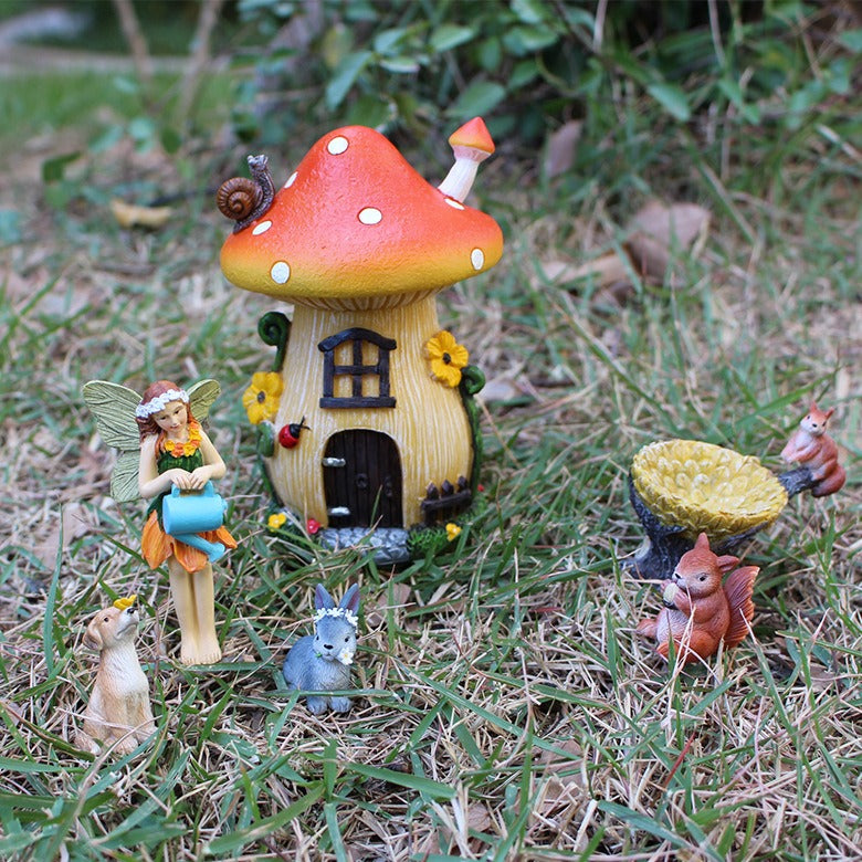 Resin Fairy Garden Mushroom House Set with Figures