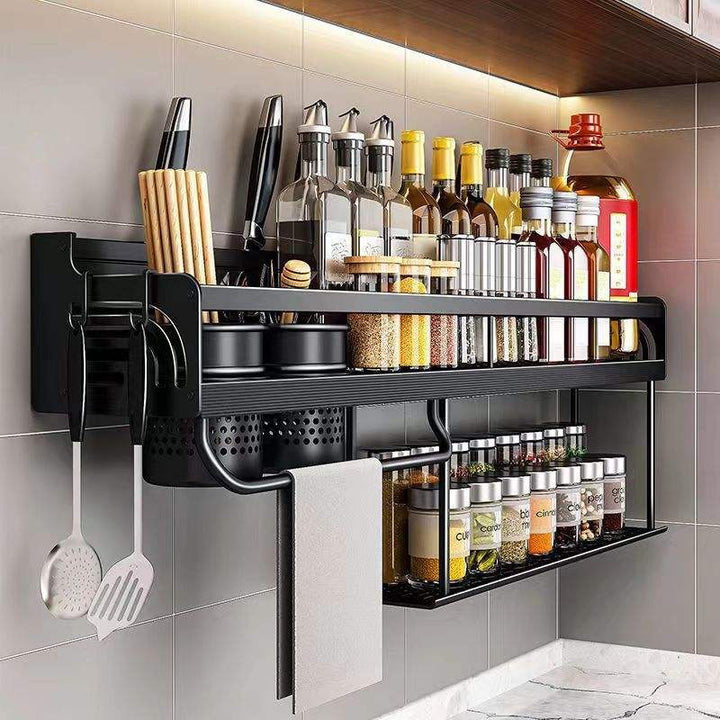 No-Drill Black Aluminum Wall Spice Rack Kitchen Organizer
