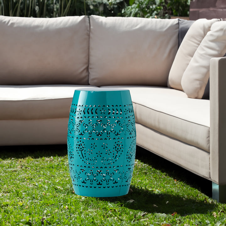 Teal Metal Side Table with Laser-Cut Floral Pattern