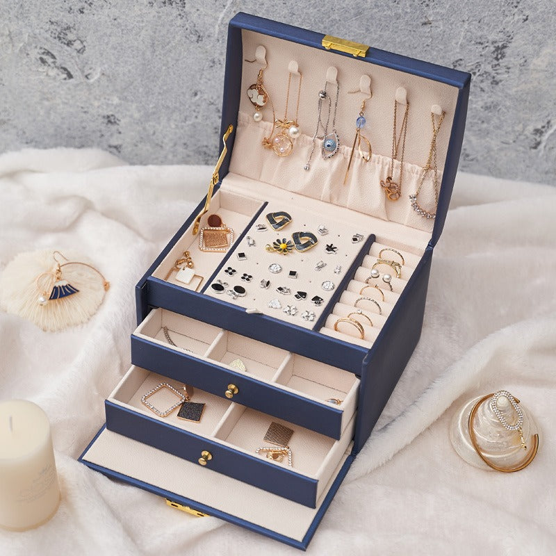 Leather Jewelry Box with Lock, 3-Layer Storage Case