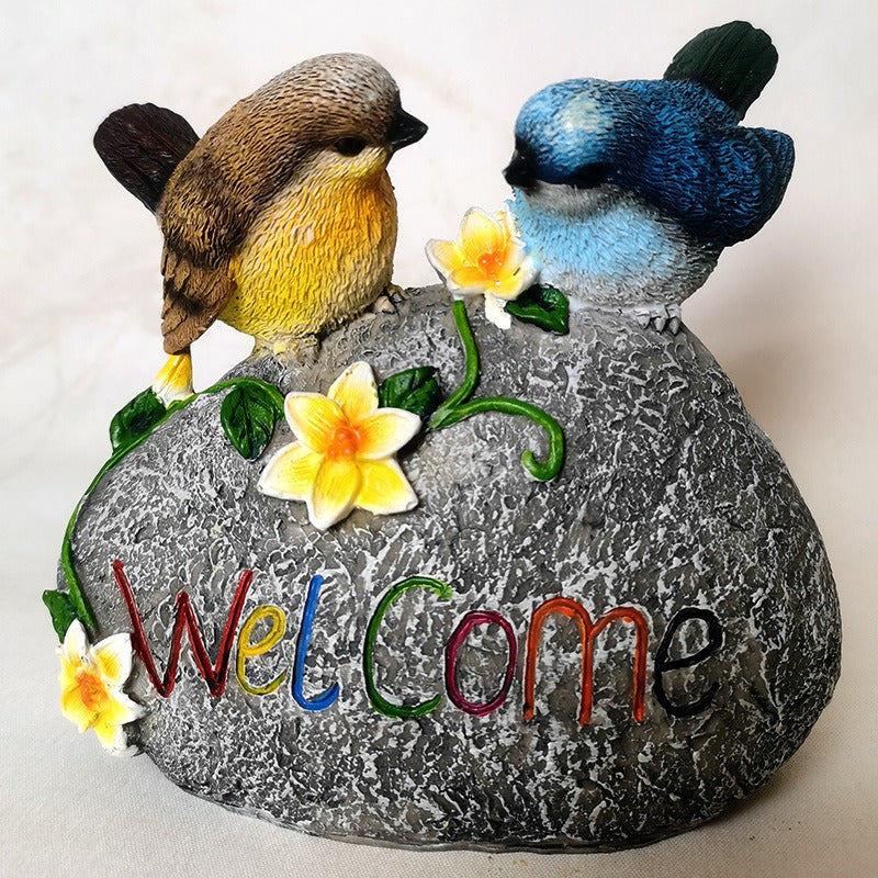 Garden Bird Welcome Stone with Hand-Painted Resin Birds