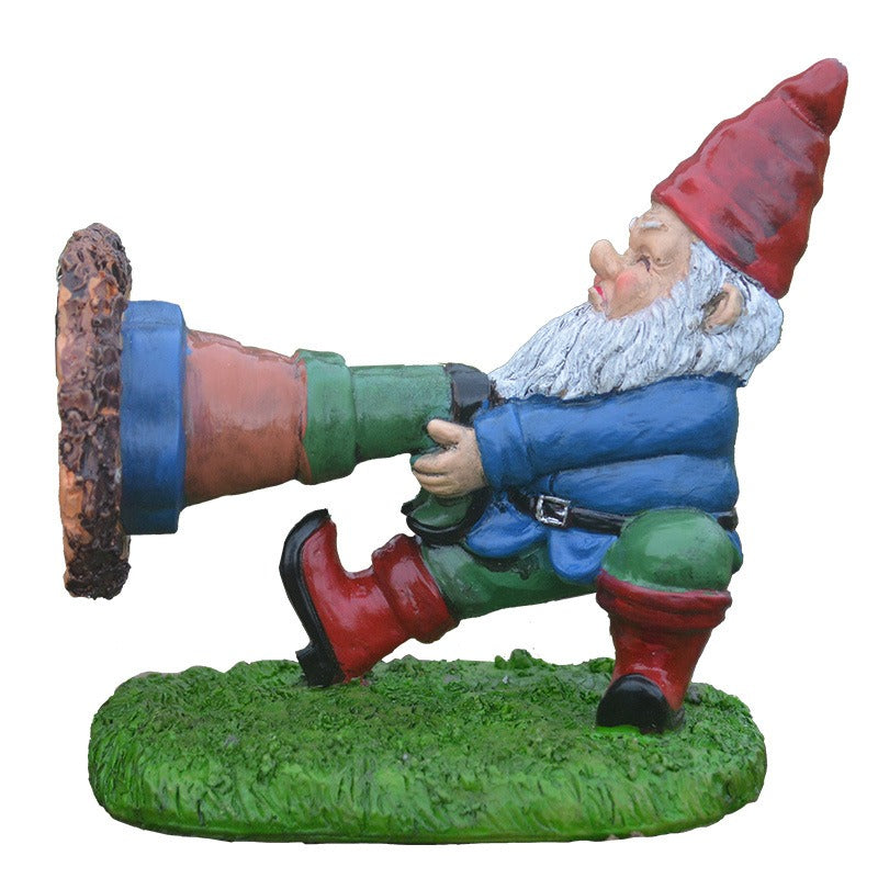 Garden Gnome Figurine with Leg Through Pot, Resin Decor