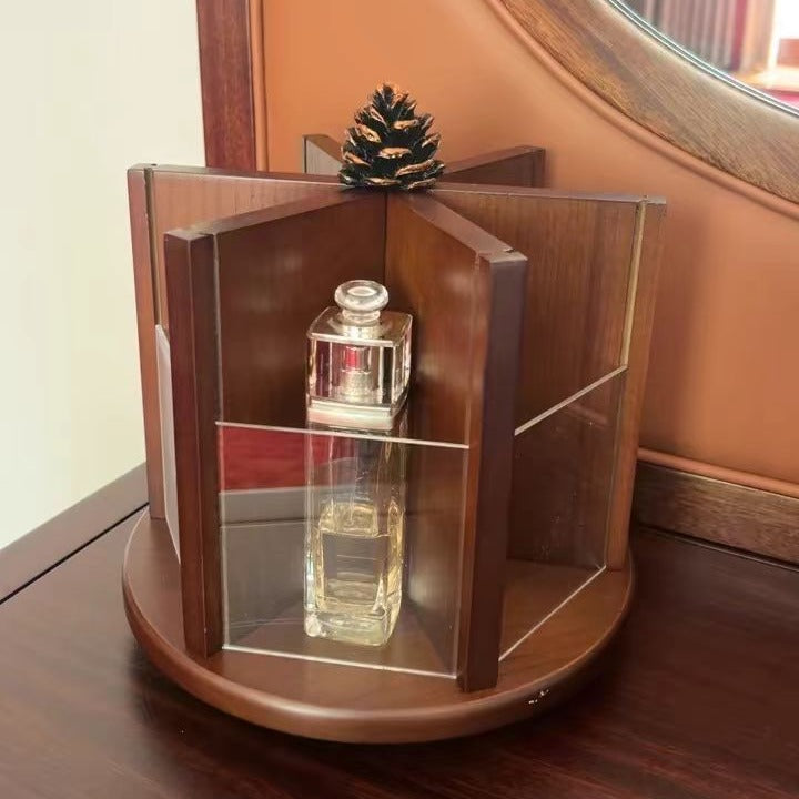 Rotating Walnut Cosmetic Organizer for Vanity Shelf