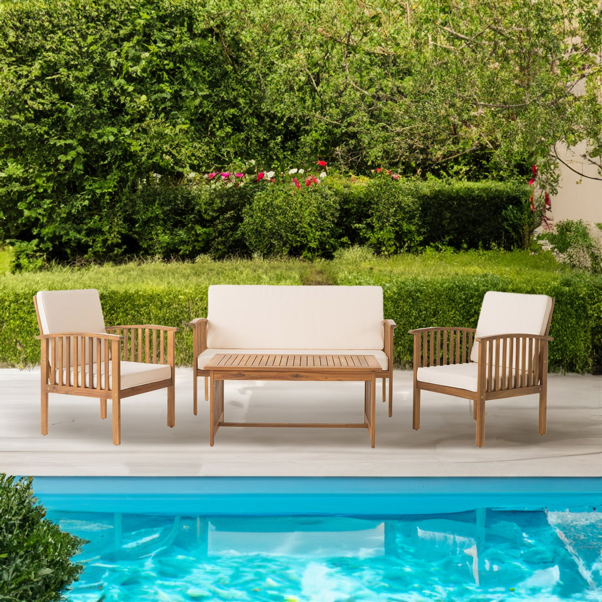 4-Piece Acacia Wood Patio Conversation Set with Cushions