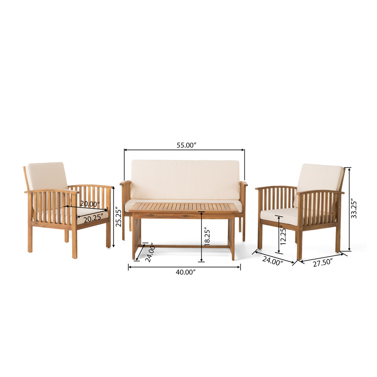 4-Piece Acacia Wood Patio Conversation Set with Cushions