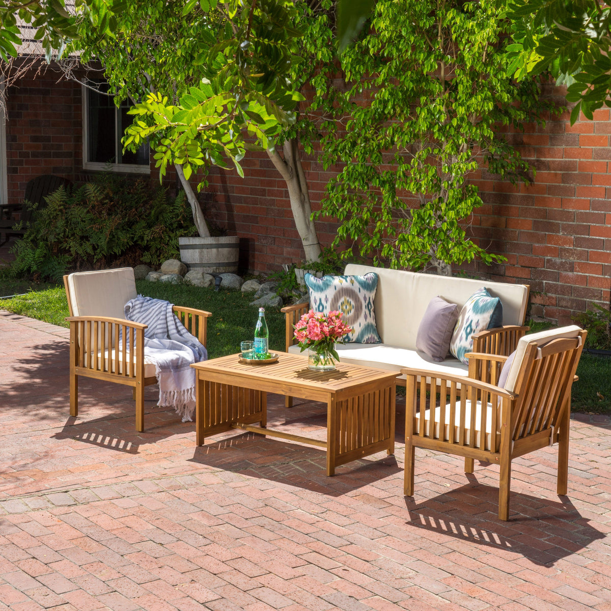 4-Piece Acacia Wood Patio Conversation Set with Cushions
