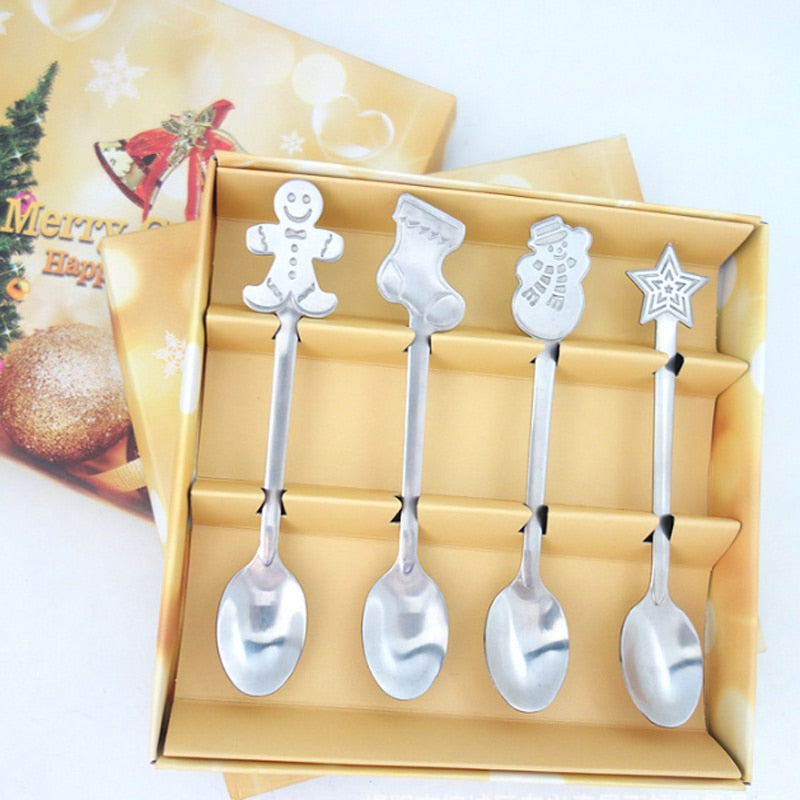 Christmas Teaspoon Set, 4 Festive Stainless Steel Spoons