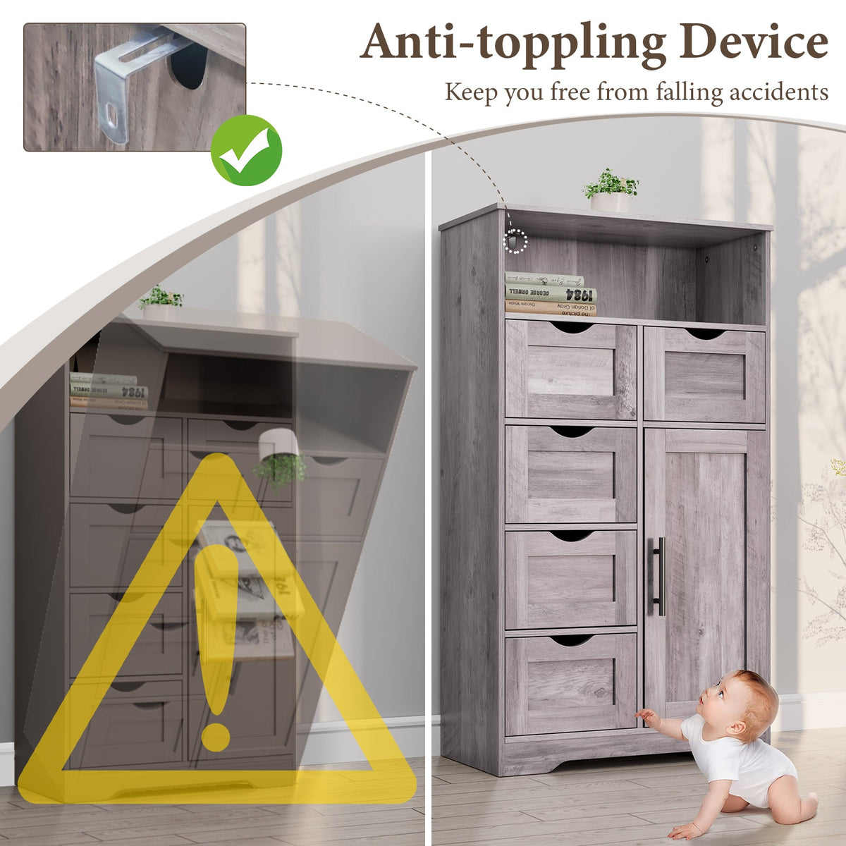 Grey Floor Cabinet with Drawers and Adjustable Shelves