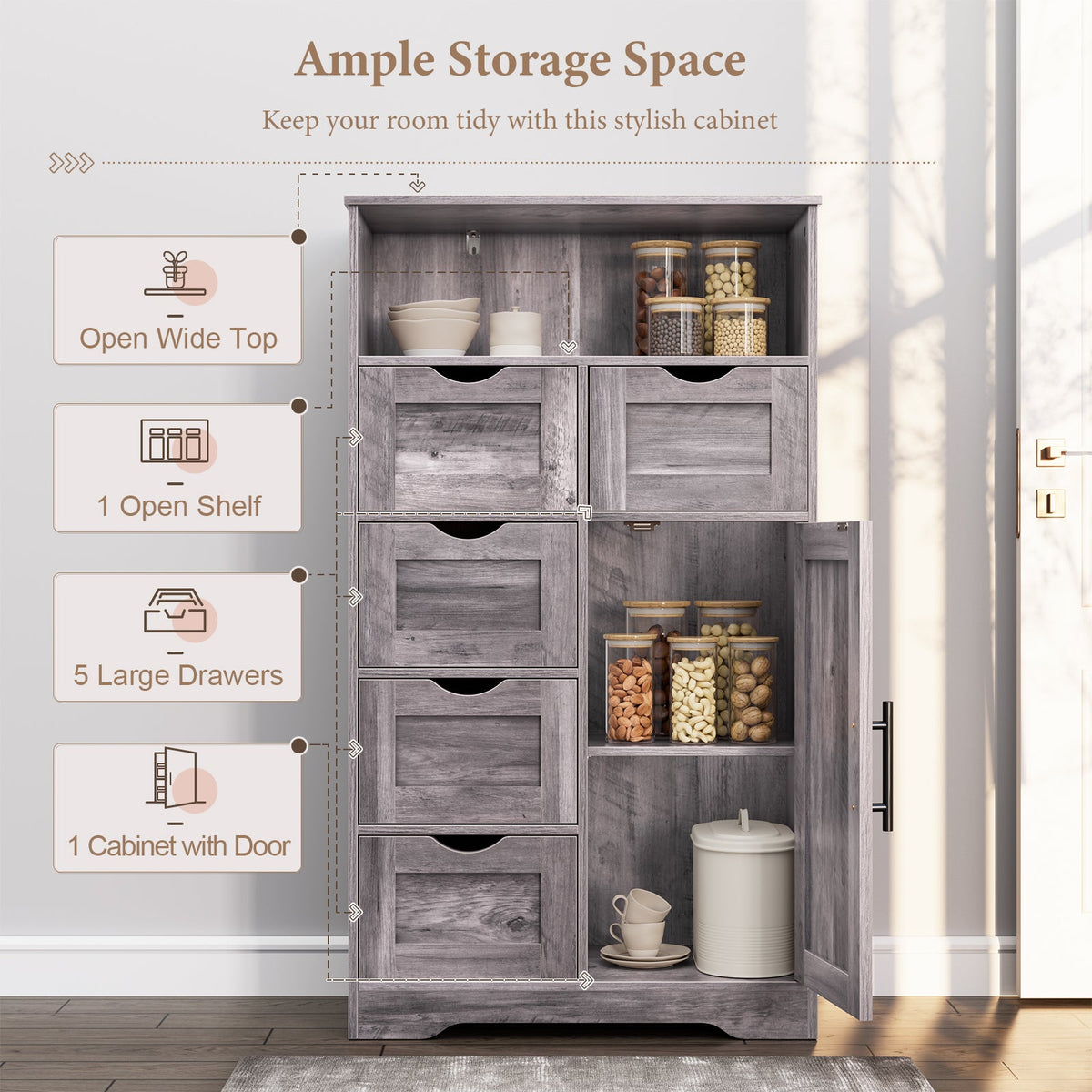 Grey Floor Cabinet with Drawers and Adjustable Shelves