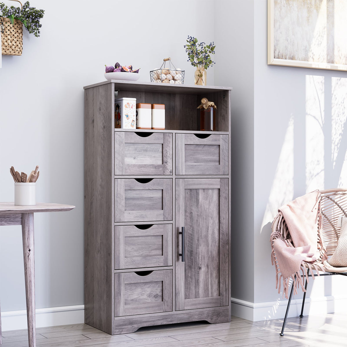 Grey Floor Cabinet with Drawers and Adjustable Shelves