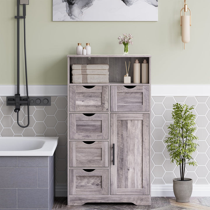Grey Floor Cabinet with Drawers and Adjustable Shelves