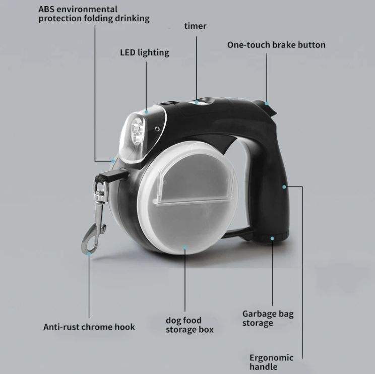 5-in-1 Retractable Dog Leash With LED Light & Storage