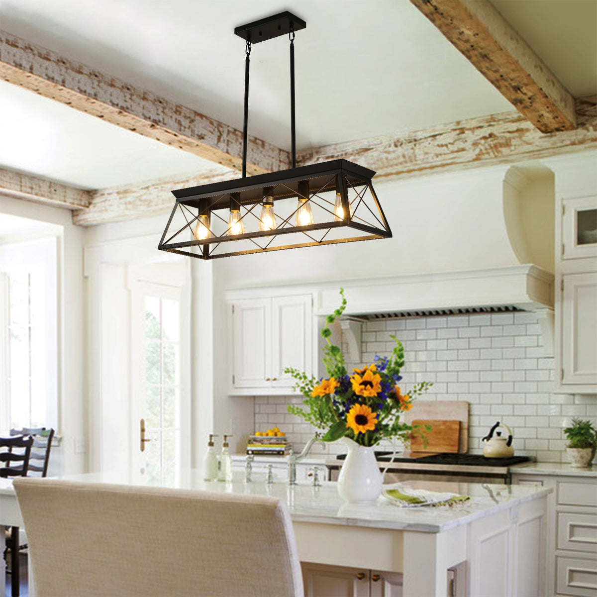 5-Light Black Farmhouse Island Pendant Light for Dining