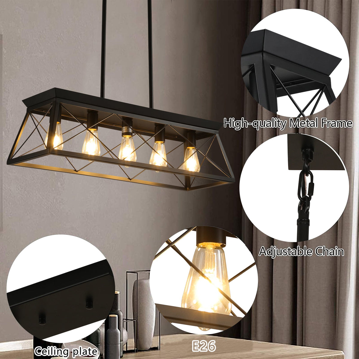 5-Light Black Farmhouse Island Pendant Light for Dining
