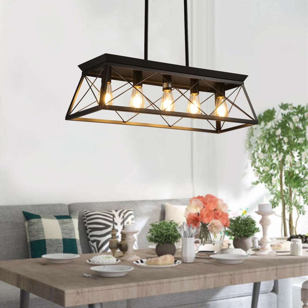 5-Light Black Farmhouse Island Pendant Light for Dining