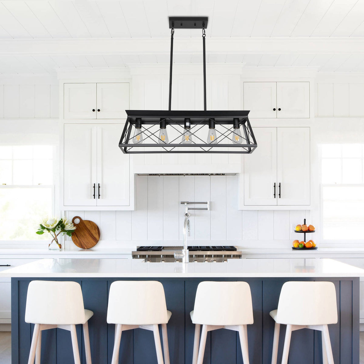 5-Light Black Farmhouse Island Pendant Light for Dining