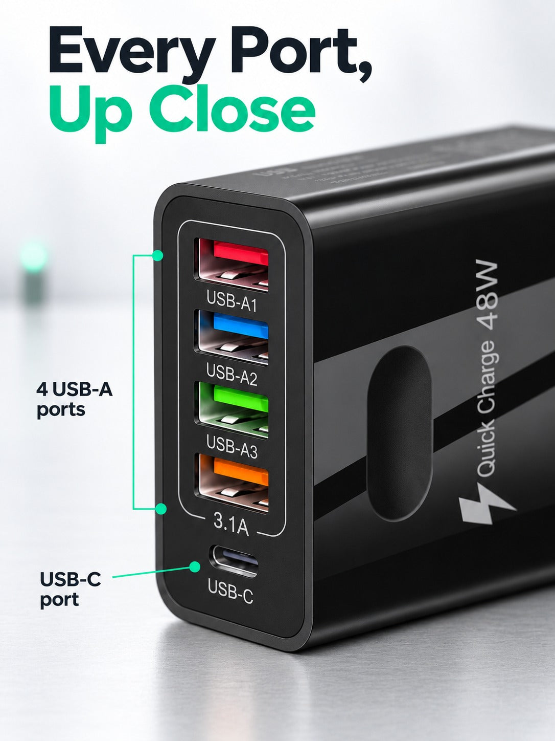 5-Port 48W USB Wall Charger with USB-C PD Fast Charging