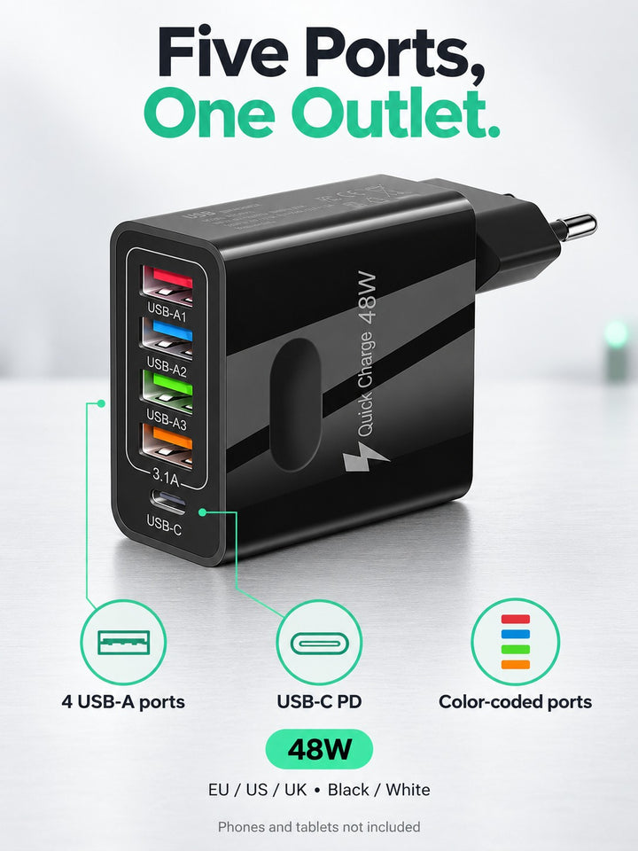 5-Port 48W USB Wall Charger with USB-C PD Fast Charging