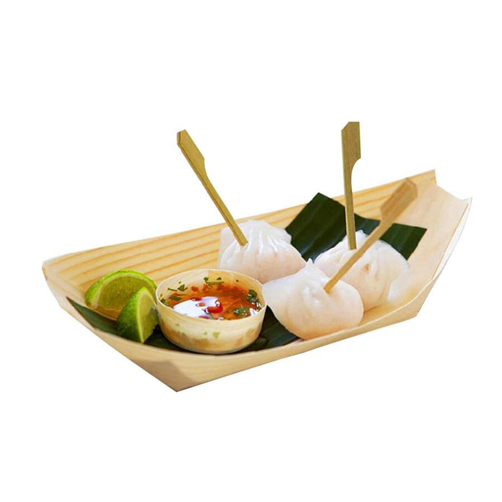 Disposable Birch Wood Serving Boats for Parties, 50 Pack