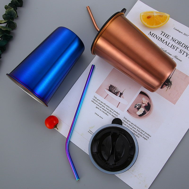 500ml Stainless Steel Travel Mug with Metal Straw & Lid