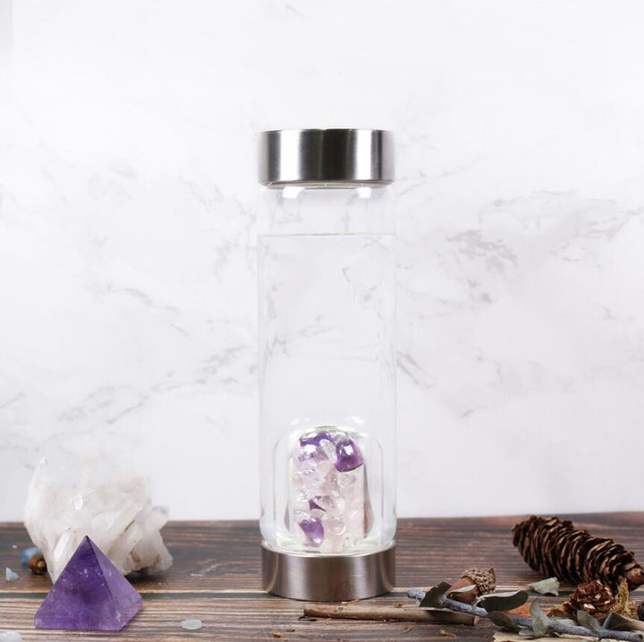 Crystal Glass Water Bottle with Amethyst Quartz Chamber