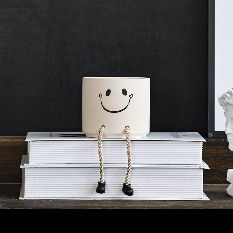 Smiley Face Succulent Planter Pot with Dangling Rope Legs