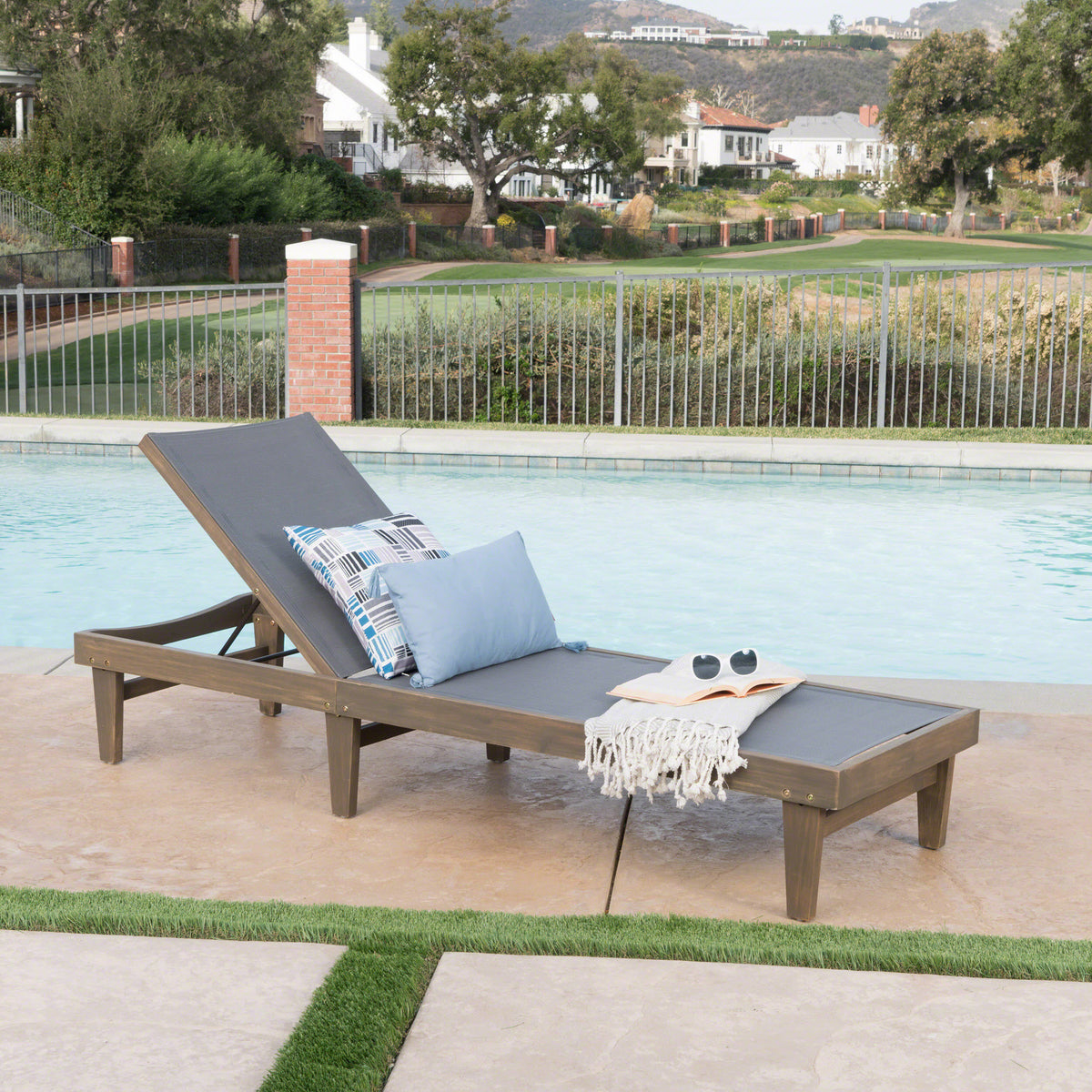 Dark Grey Mesh Patio Chaise Lounge, Adjustable Back