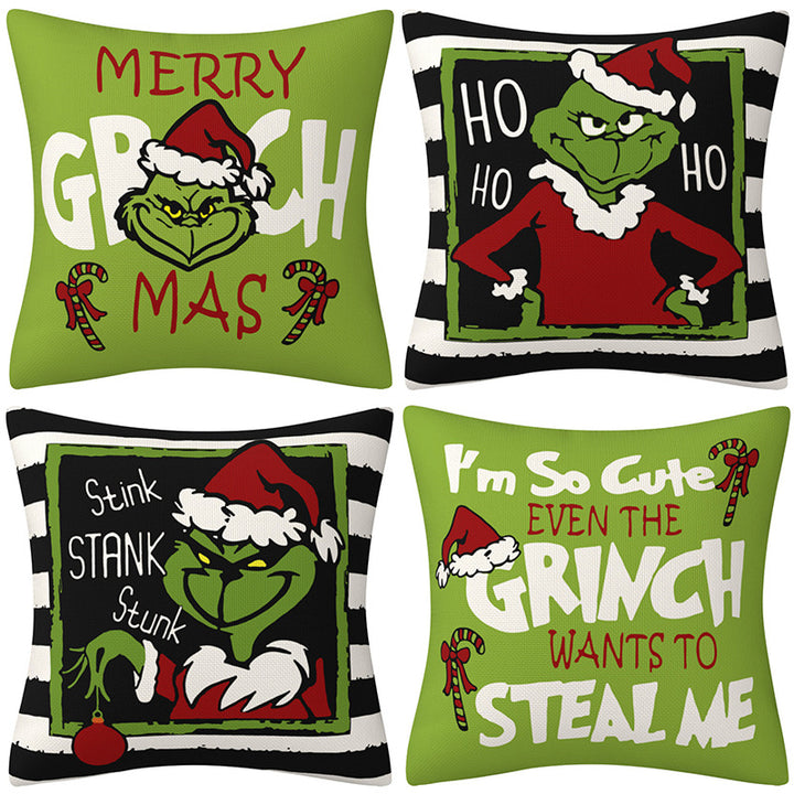 Grinch Christmas Pillow Cover, Linen-Look Holiday Cushion