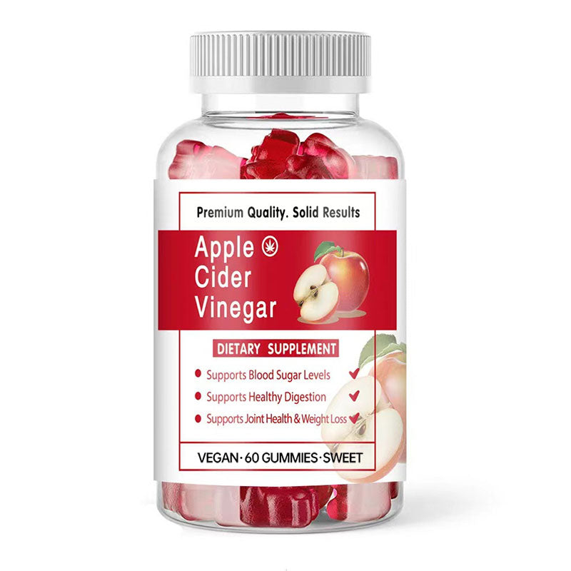 Full product bottle showcase with label clearly visible showing Apple Cider Vinegar gummies, premium quality tagline, and all benefit claims