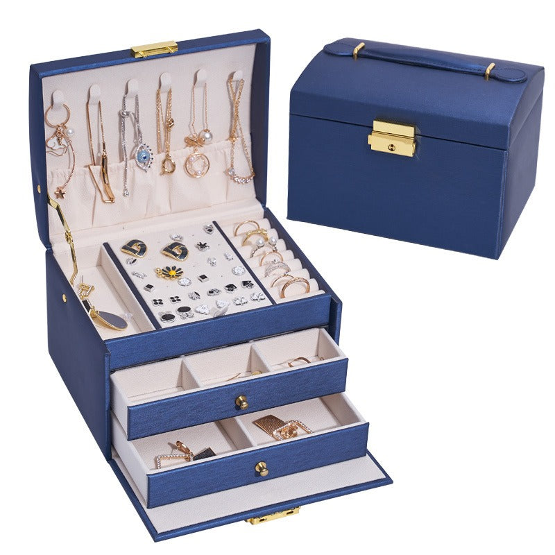 Leather Jewelry Box with Lock, 3-Layer Storage Case