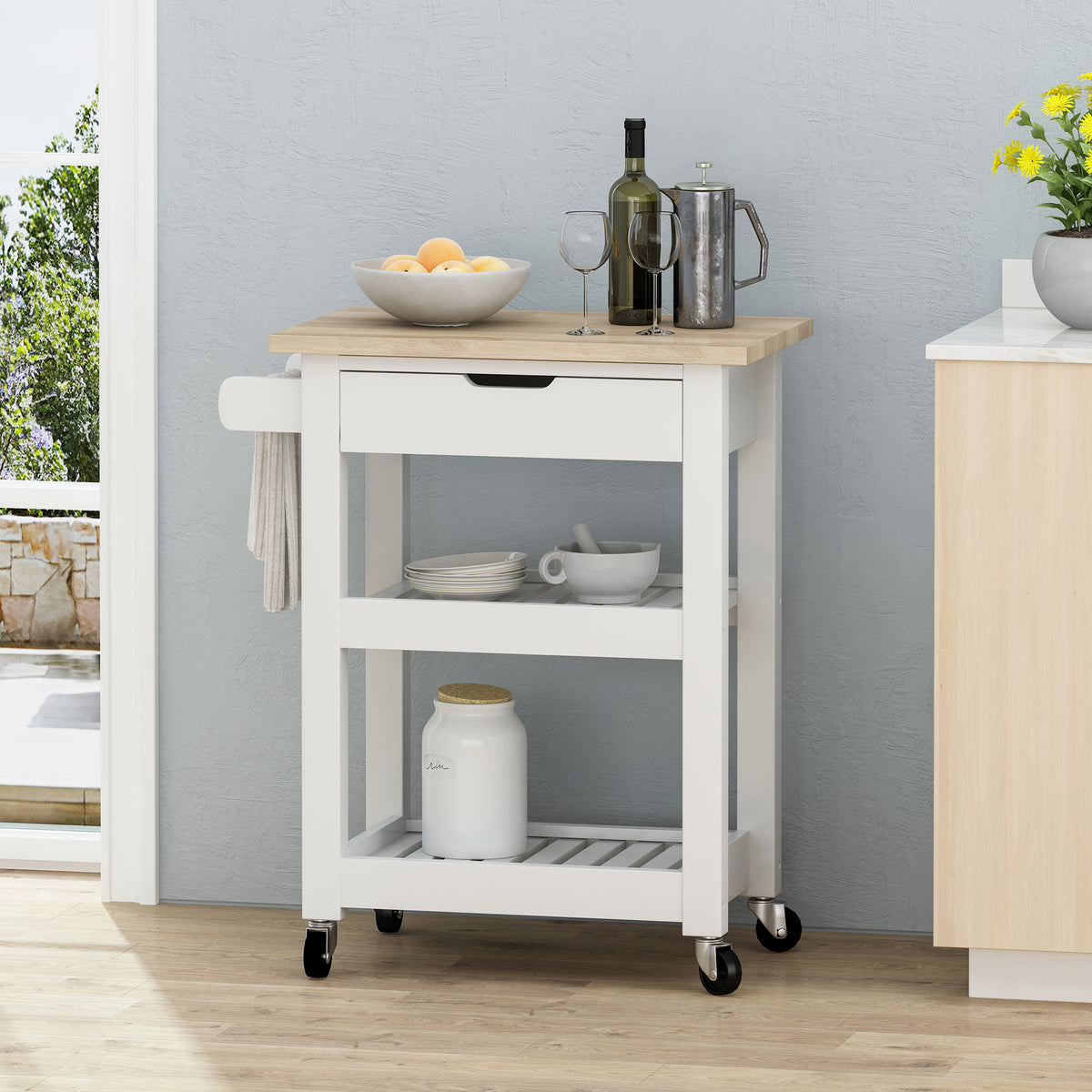 Kitchen Cart with Wood Top, Drawer and Wheels