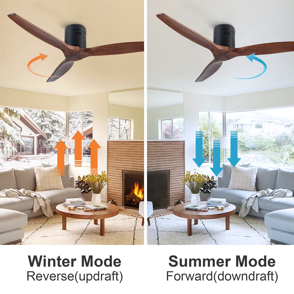 Farmhouse Flush Mount Ceiling Fan, Reversible Wood Blades