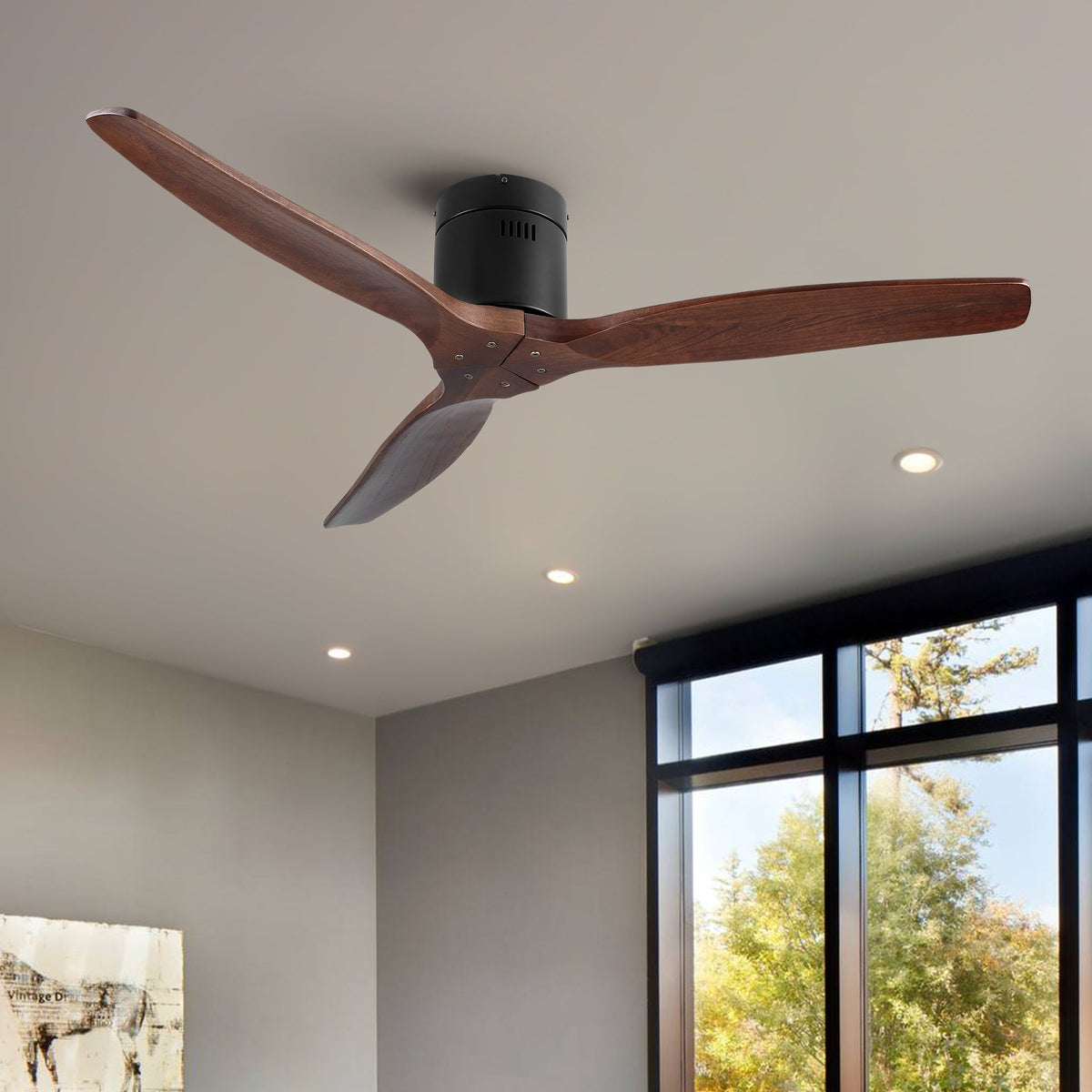 Farmhouse Flush Mount Ceiling Fan, Reversible Wood Blades
