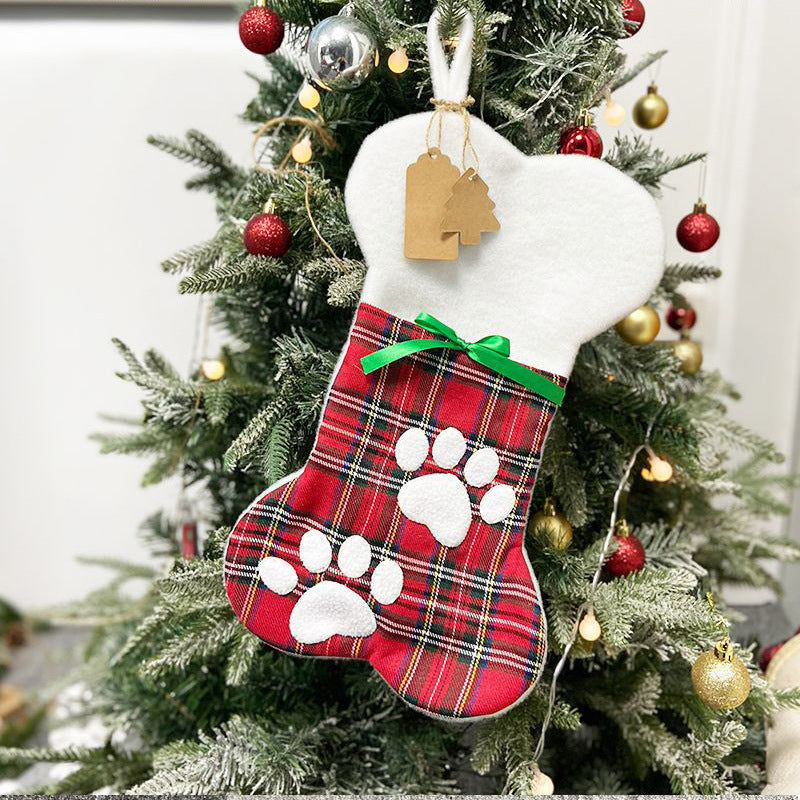 Plaid Paw-Print Pet Christmas Stocking with Cuff